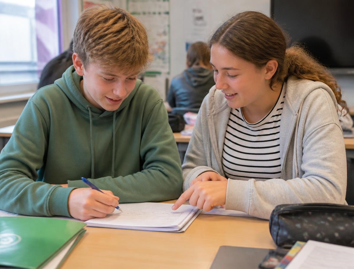 Twee leerlingen zitten naast elkaar aan een schooltafel en werken samen