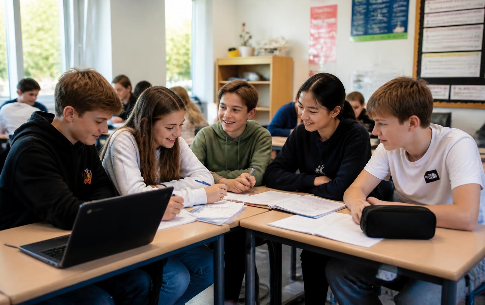 Leerlingen van een middelbare school werken samen aan hun tafels in de klas